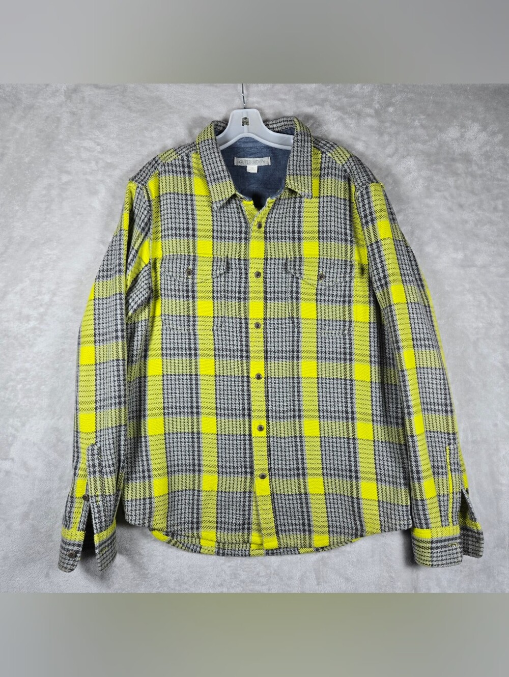 Outerknown Yellow Gray Blanket Shirt Men Sz Large Button Up Organic Cotton Plaid